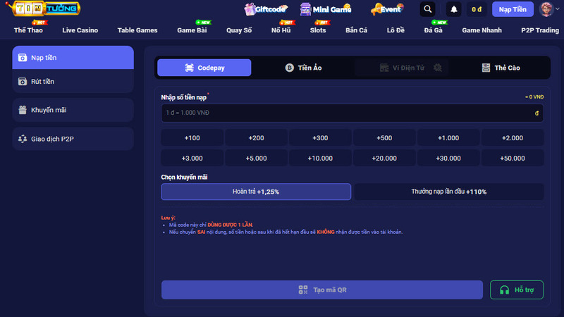 Nạp tiền Tin88 an toàn 100% với Codepay